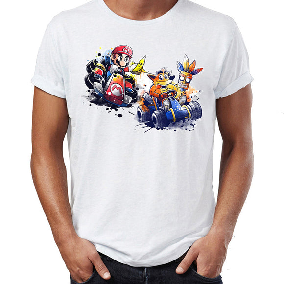 Brand New Men T Shirts 100% Cotton Mario and Crash Bandicoot Cart Racing Awesome Artwork Drawing Printed Tee Shirts Oversize