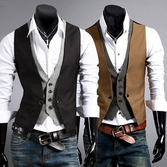 Men Formal Waistcoat Vest Business Solid Color Single Button Vest gilet Fake Two-pieces V Neck Casual S-lim chalecos para hombre