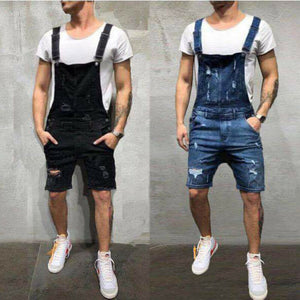 Men's Denim Bib Overalls Fashion Ripped Jeans Slim Playsuit with Pockets Men's Slim Washed Denim Suspender Overalls Shorts