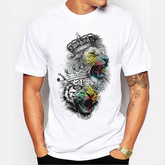 Fashion Animal Print T-Shirt Men Casual Short-Sleeve Tee Shirt Homme 4XL Men Tops 2019 Summer Crown Lion 3D White Men's T-shirt
